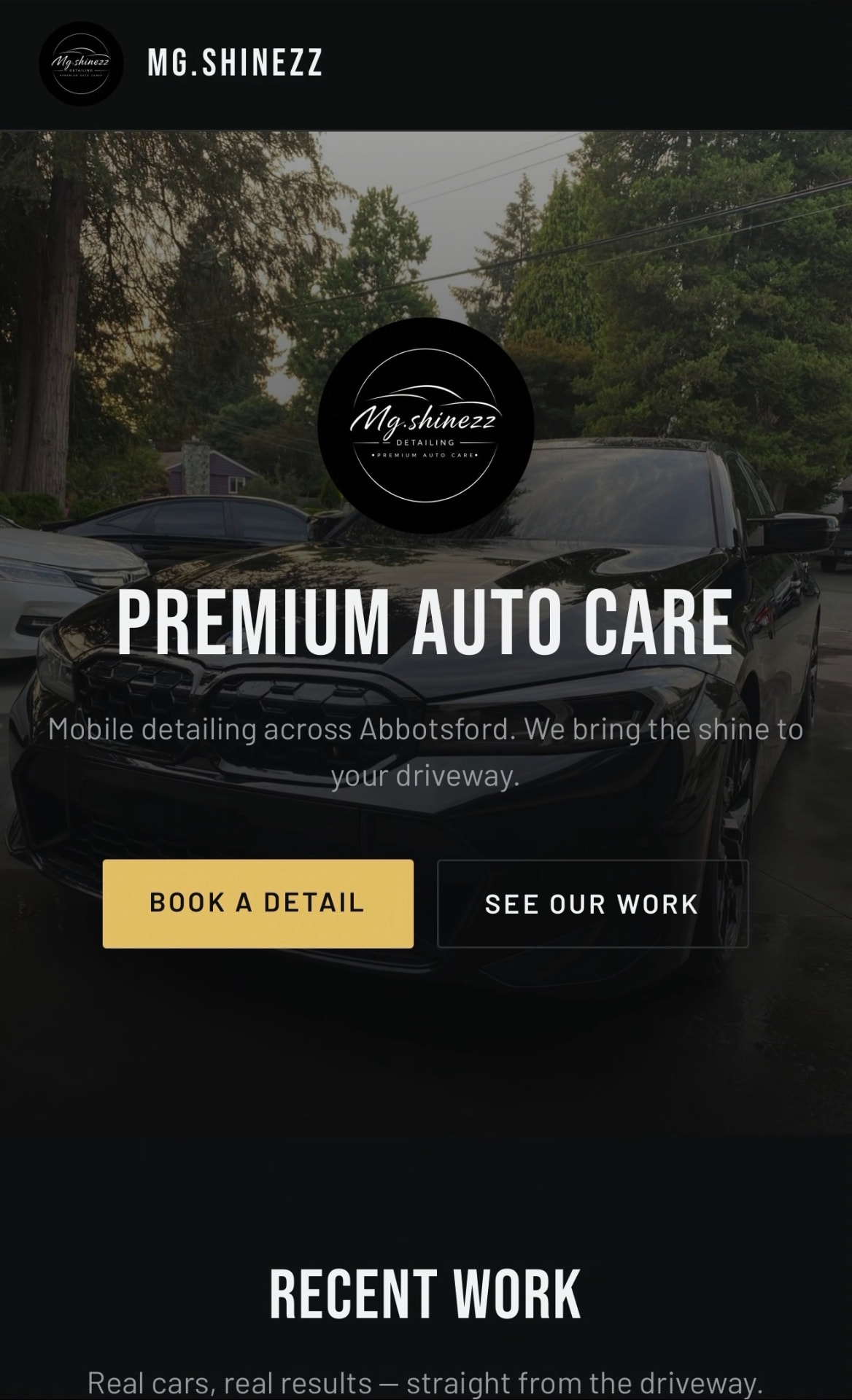 Website design for MG.Shinezz, a mobile auto detailing business