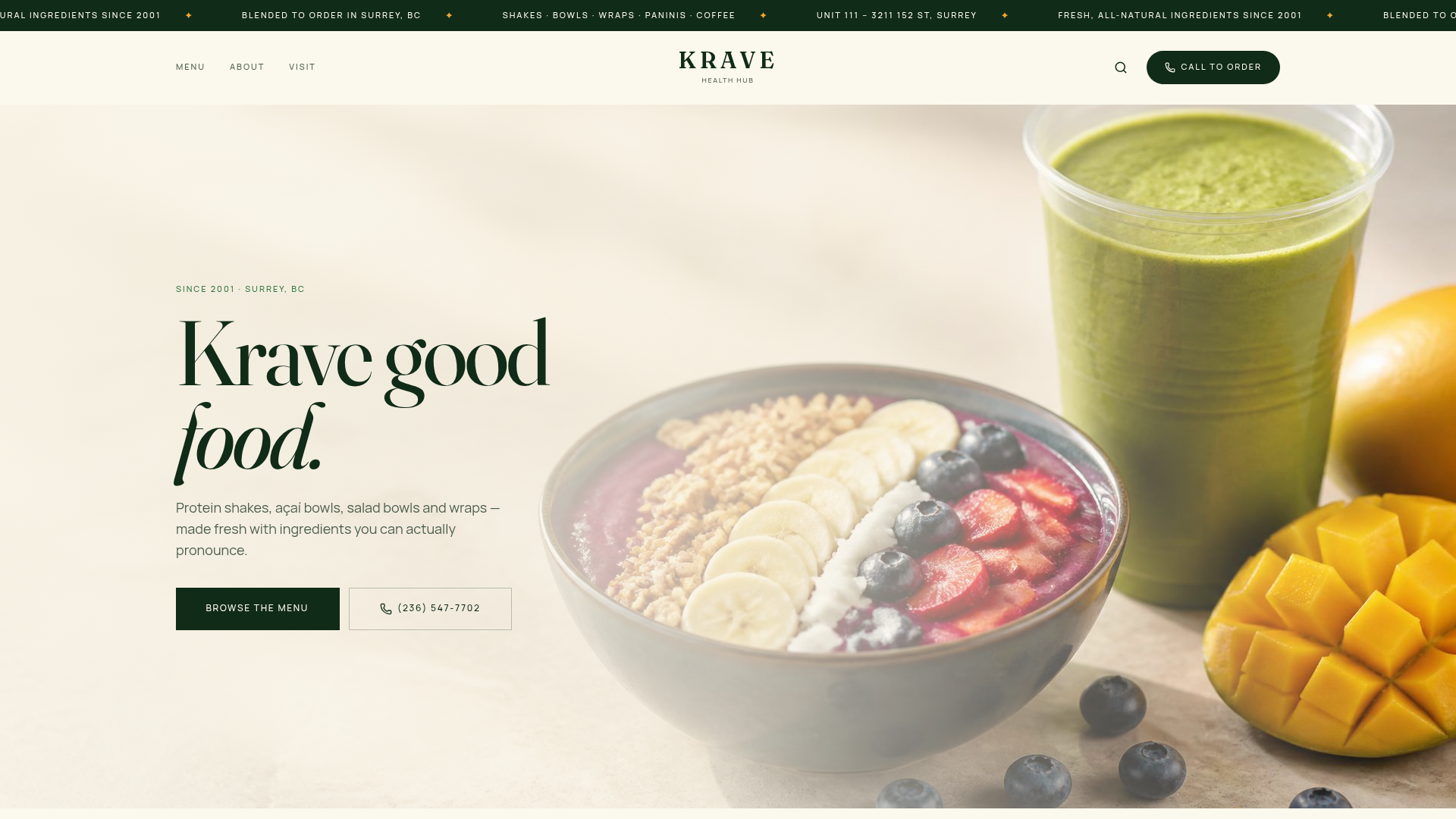 Website design for Krave Health Hub, a health food café business